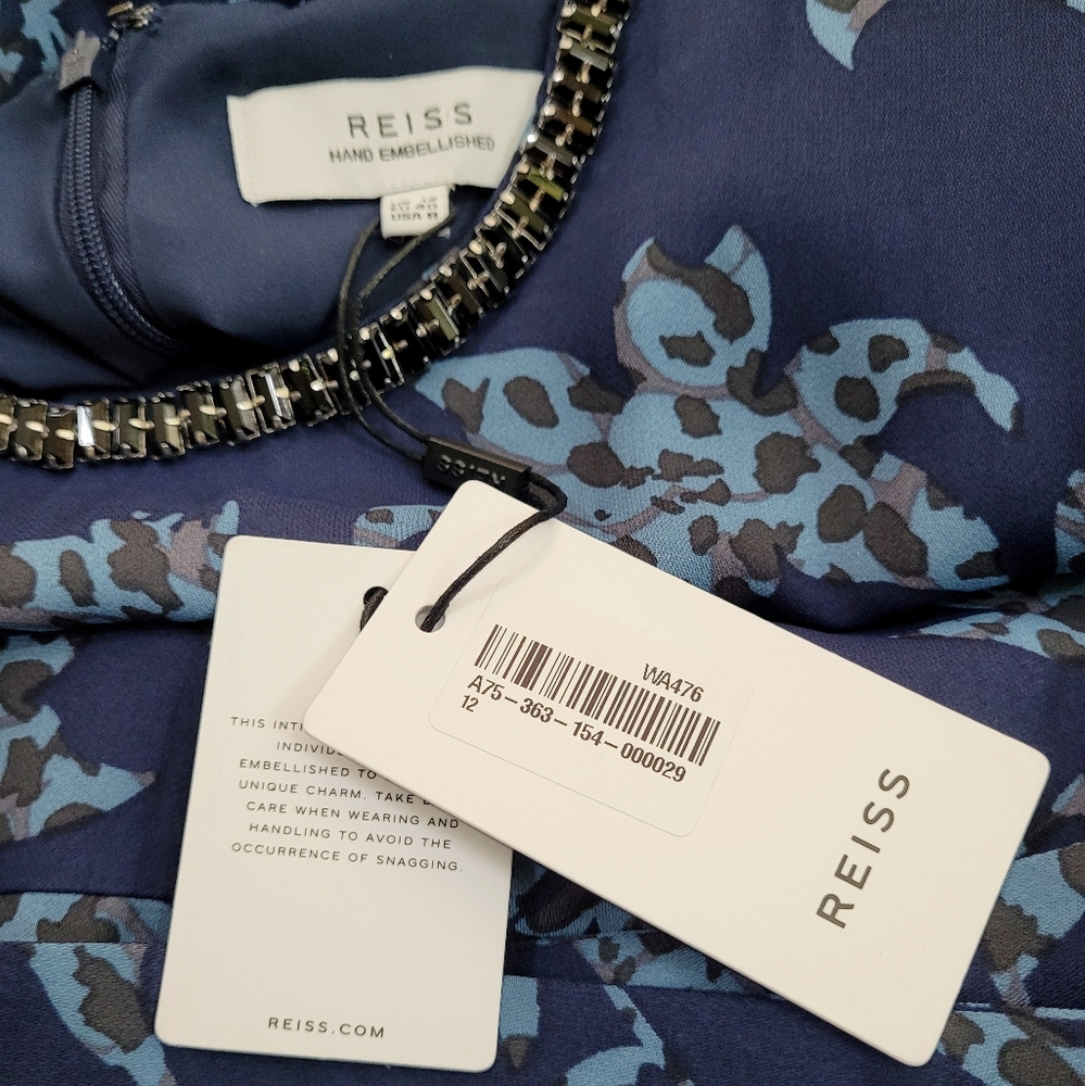 NWT REISS Jeweled Neckline Belted Melody Floral Long Sleeve Mini Dress Size 8 - Picture 7 of 13
